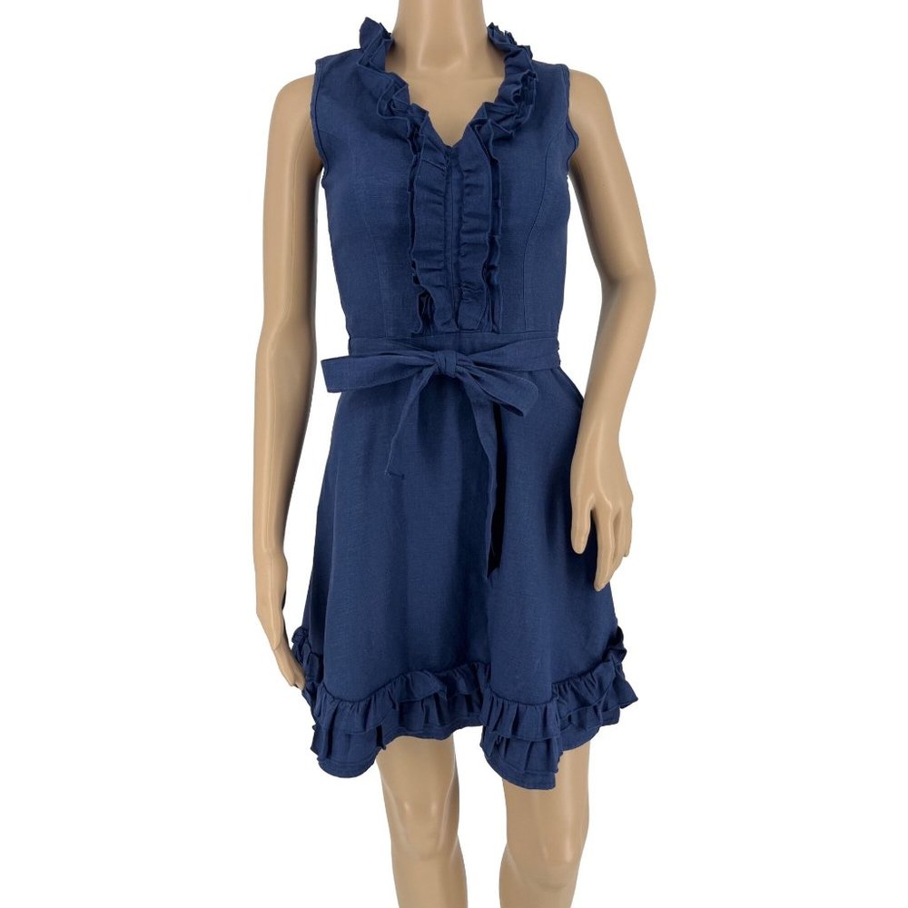Tropical Wear belted ruffle dress S blue sleeveless linen blend V neck